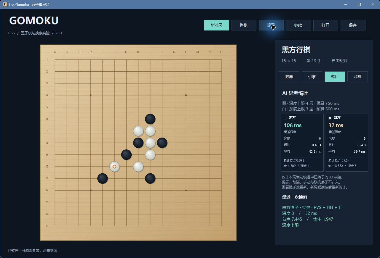 按黑白展示实际 AI 落子次数、最近/平均/累计耗时、累计节点与缓存命中，统计只覆盖当前棋谱。