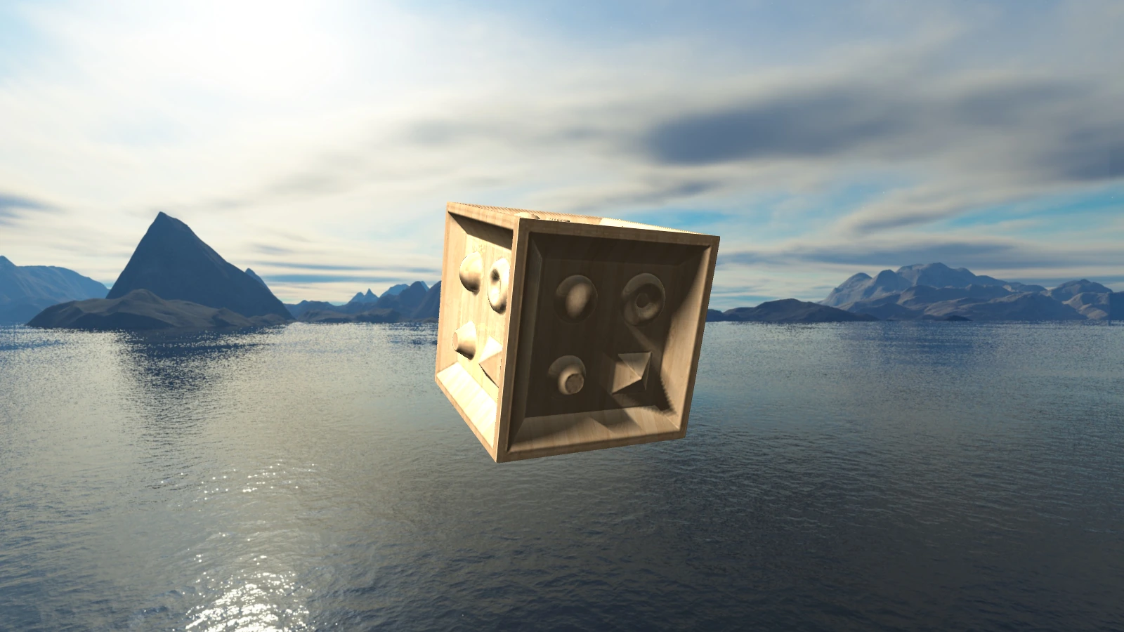 视差贴图木盒在天空盒环境中的实际 OpenGL 渲染。